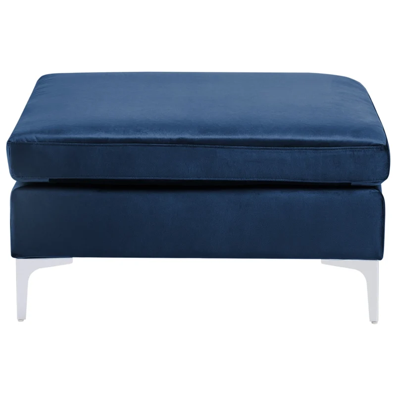 Divano ad angolo modulare versione destra con ottomana in velluto blu marino 4 posti gambe in metallo argento a forma di L stile glamour