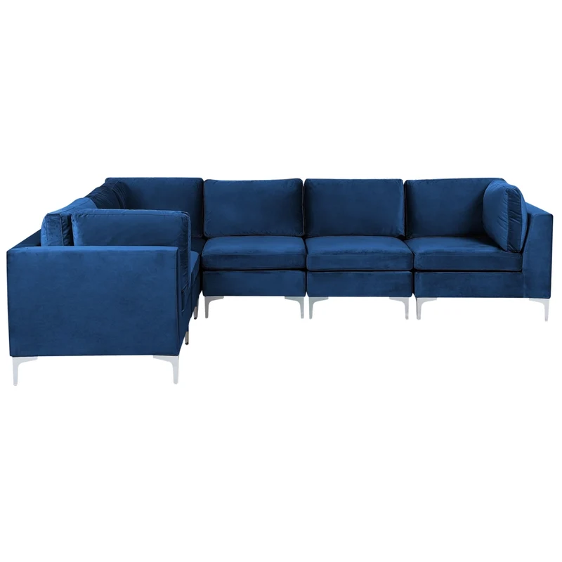 Divano componibile ad angolo versione destra in velluto blu marino 6 posti a forma di L con gambe in metallo argento stile glamour