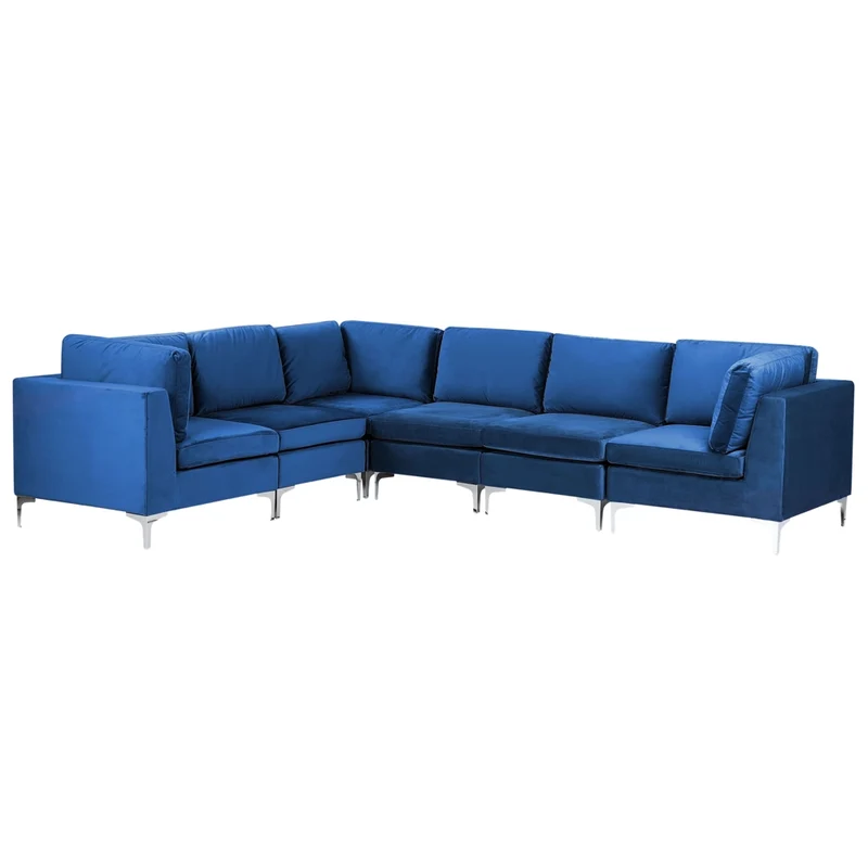 Divano componibile ad angolo versione destra in velluto blu marino 6 posti a forma di L con gambe in metallo argento stile glamour