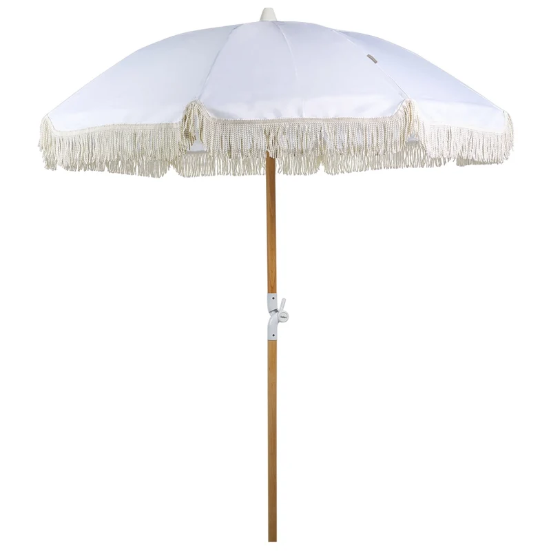 Ombrellone giardino tessuto bianco palo in legno faggio 150 cm Ombrellone esterno rotondo giardino retrò inclinabile resistente ai raggi UV