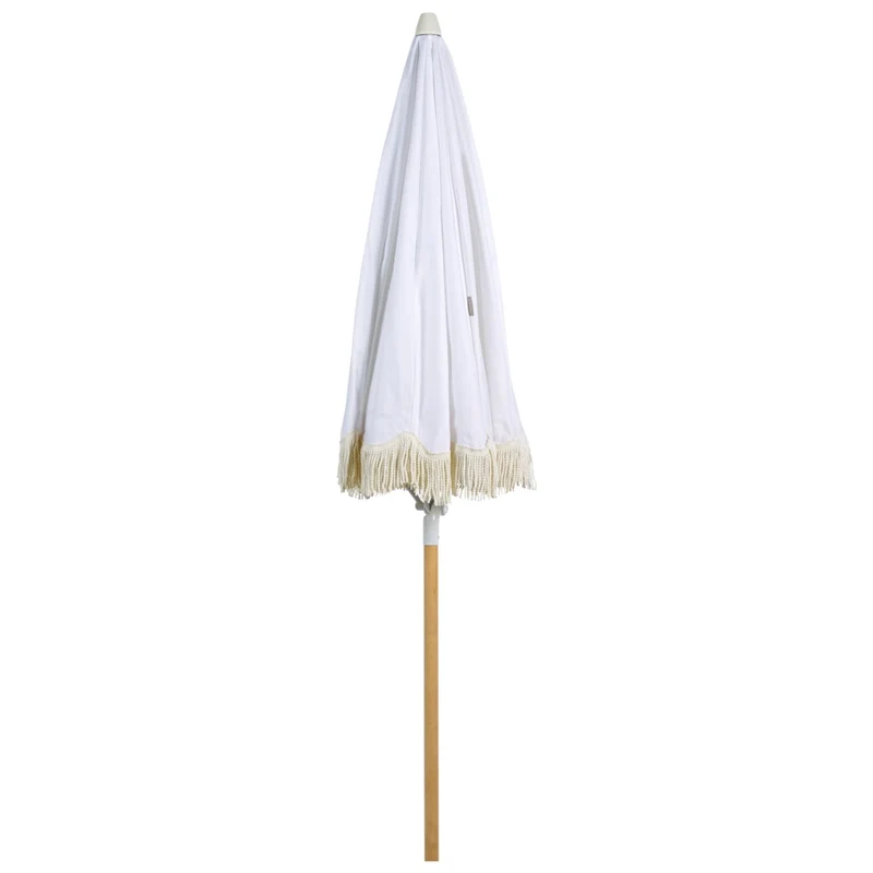 Ombrellone giardino tessuto bianco palo in legno faggio 150 cm Ombrellone esterno rotondo giardino retrò inclinabile resistente ai raggi UV