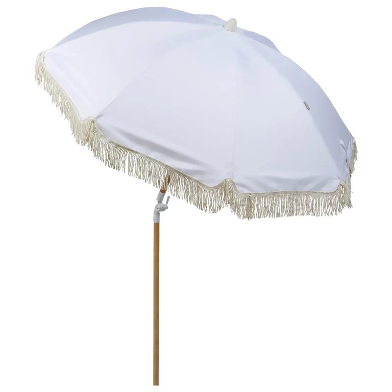 Ombrellone giardino tessuto bianco palo in legno faggio 150 cm Ombrellone esterno rotondo giardino retrò inclinabile resistente ai raggi UV