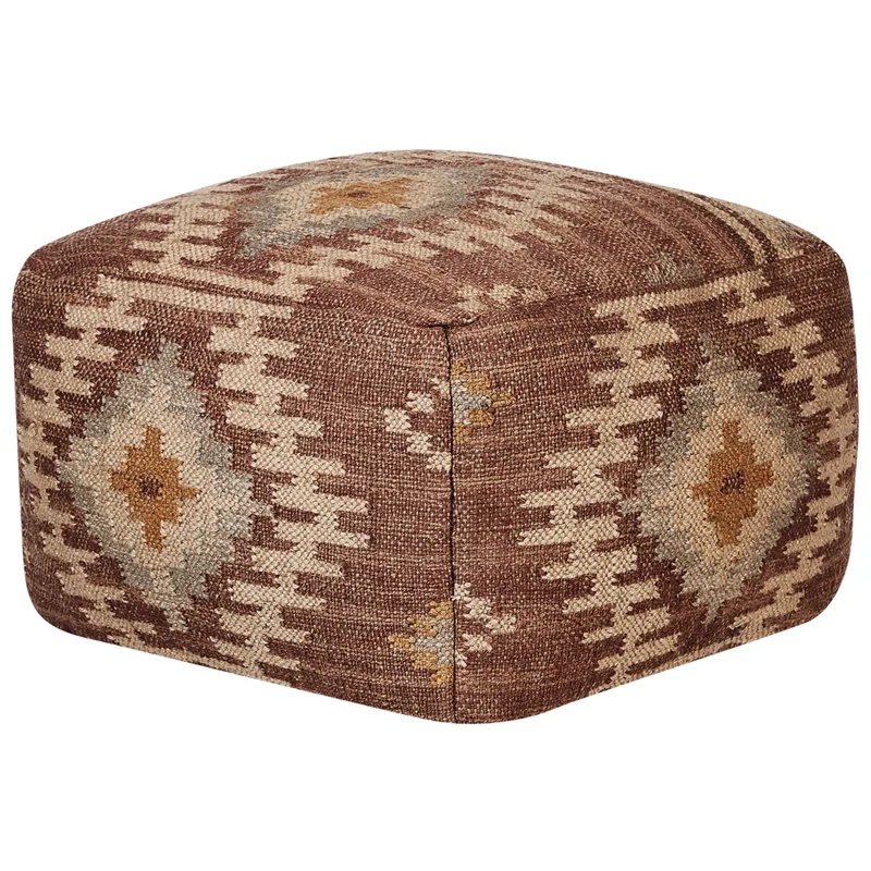 Pouf in iuta beige rosso 50 x 50 cm poggiapiedi in lana motivo geometrico boho moderno