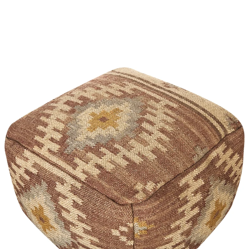 Pouf in iuta beige rosso 50 x 50 cm poggiapiedi in lana motivo geometrico boho moderno