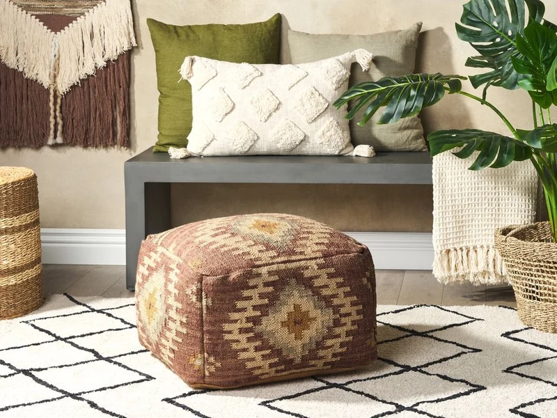 Pouf in iuta beige rosso 50 x 50 cm poggiapiedi in lana motivo geometrico boho moderno