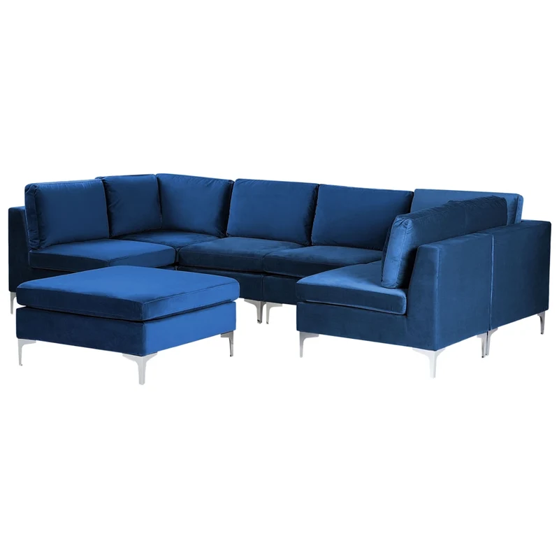 Divano componibile in velluto blu marino a forma di U a 6 posti con gambe in metallo argento ottomana stile glamour