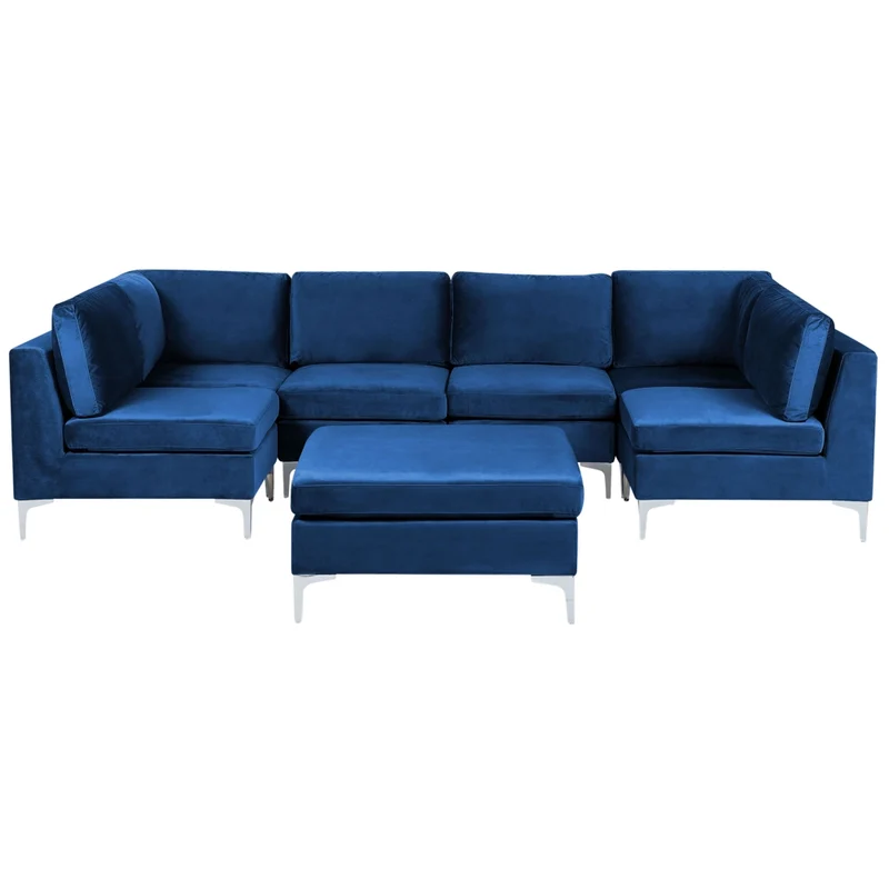 Divano componibile in velluto blu marino a forma di U a 6 posti con gambe in metallo argento ottomana stile glamour