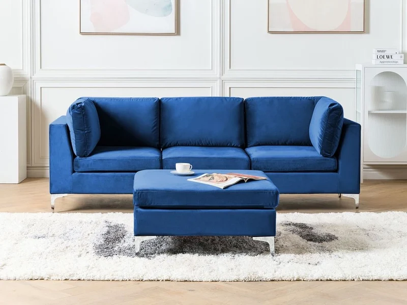 Divano Componibile Velluto Blu Marino 3 Posti Con Gambe In Metallo Argento ottomana Stile Glamour