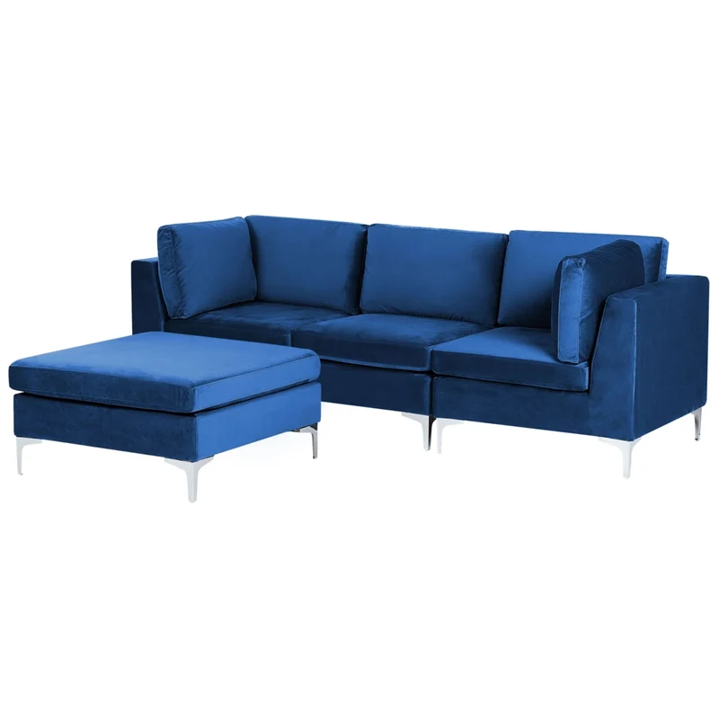 Divano Componibile Velluto Blu Marino 3 Posti Con Gambe In Metallo Argento ottomana Stile Glamour