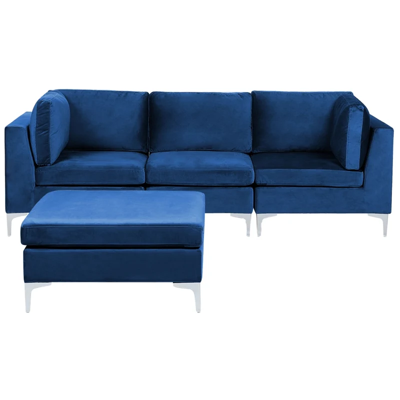 Divano Componibile Velluto Blu Marino 3 Posti Con Gambe In Metallo Argento ottomana Stile Glamour