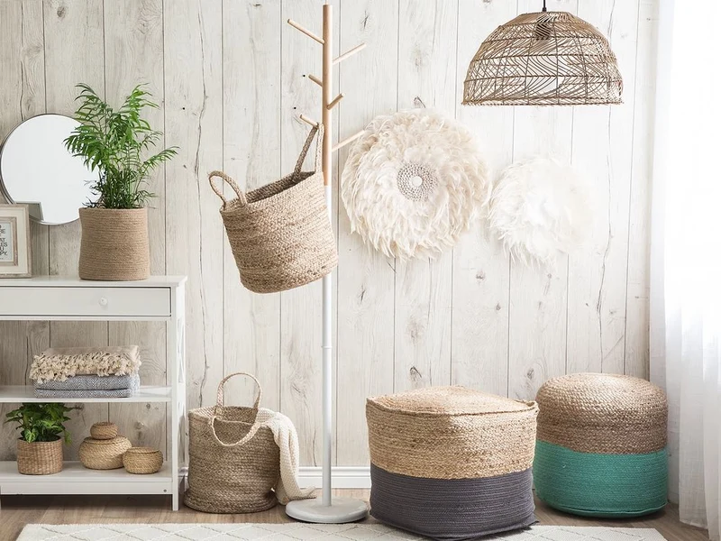 Pouf ottomana grigio iuta perline EPS riempimento quadrato 44 x 44 cm stile boho
