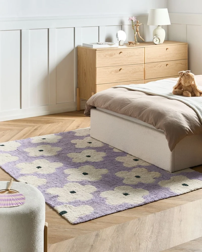 Tappeto viola chiaro in cotone 140 x 200 cm con motivi floreali decorativi in stile bohémien Soggiorno Bambini Camera dei bambini