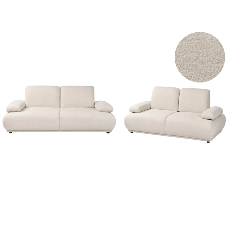 Set divano 3+2 posti rivestimento in bouclé beige gambe in legno schienale e braccioli regolabili arredamento per soggiorno