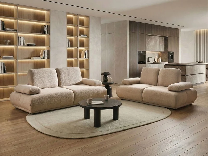 Set divano 3+2 posti rivestimento in bouclé beige gambe in legno schienale e braccioli regolabili arredamento per soggiorno