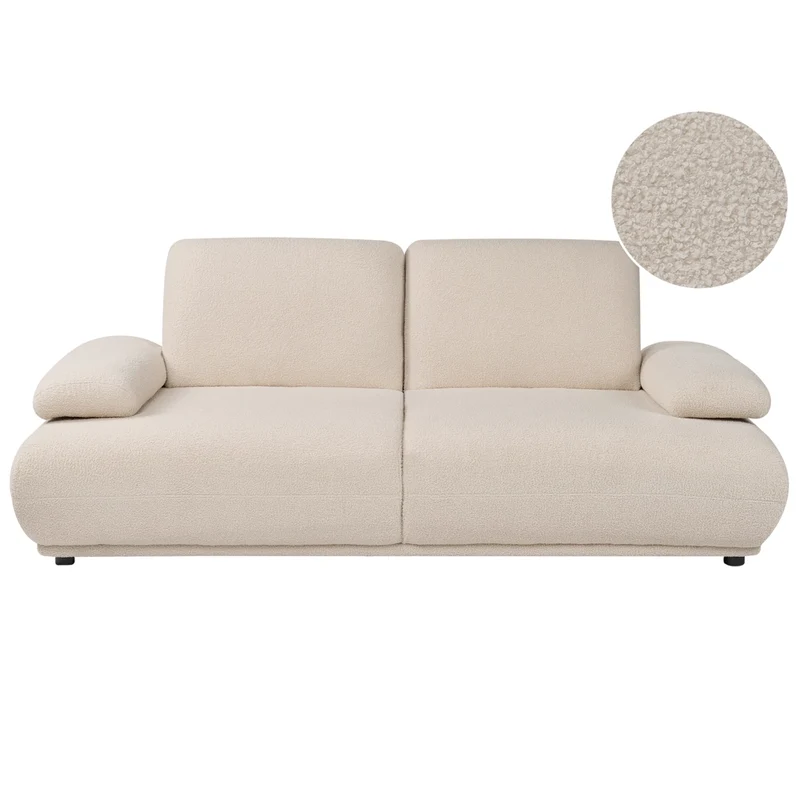 Divano a 3 posti Rivestimento bouclé beige Schienale e braccioli regolabili Gambe in legno Soggiorno Moderno