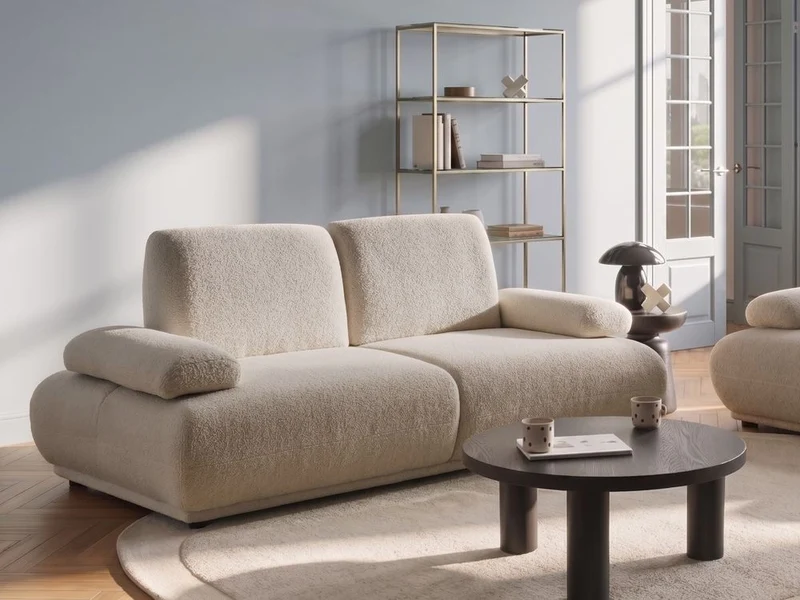 Divano a 3 posti Rivestimento bouclé beige Schienale e braccioli regolabili Gambe in legno Soggiorno Moderno