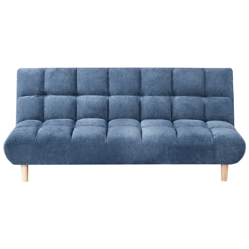 Divano letto blu rivestito in tessuto con gambe in legno 2 posti schienale trapuntato seduta imbottita design moderno senza braccioli