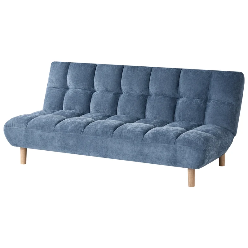 Divano letto blu rivestito in tessuto con gambe in legno 2 posti schienale trapuntato seduta imbottita design moderno senza braccioli