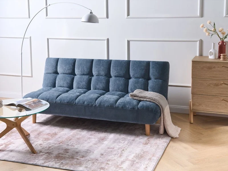 Divano letto blu rivestito in tessuto con gambe in legno 2 posti schienale trapuntato seduta imbottita design moderno senza braccioli