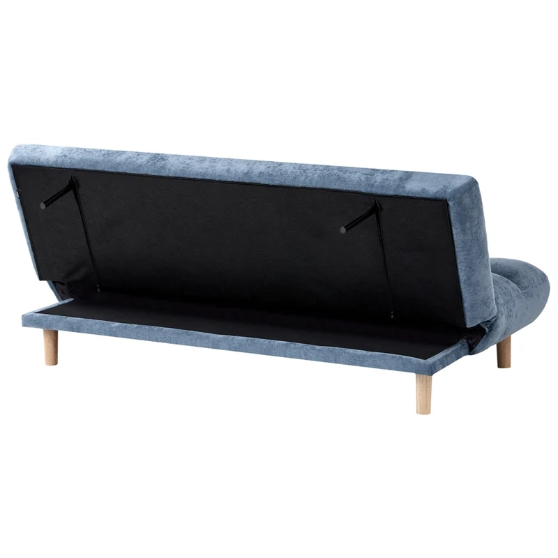 Divano letto blu rivestito in tessuto con gambe in legno 2 posti schienale trapuntato seduta imbottita design moderno senza braccioli