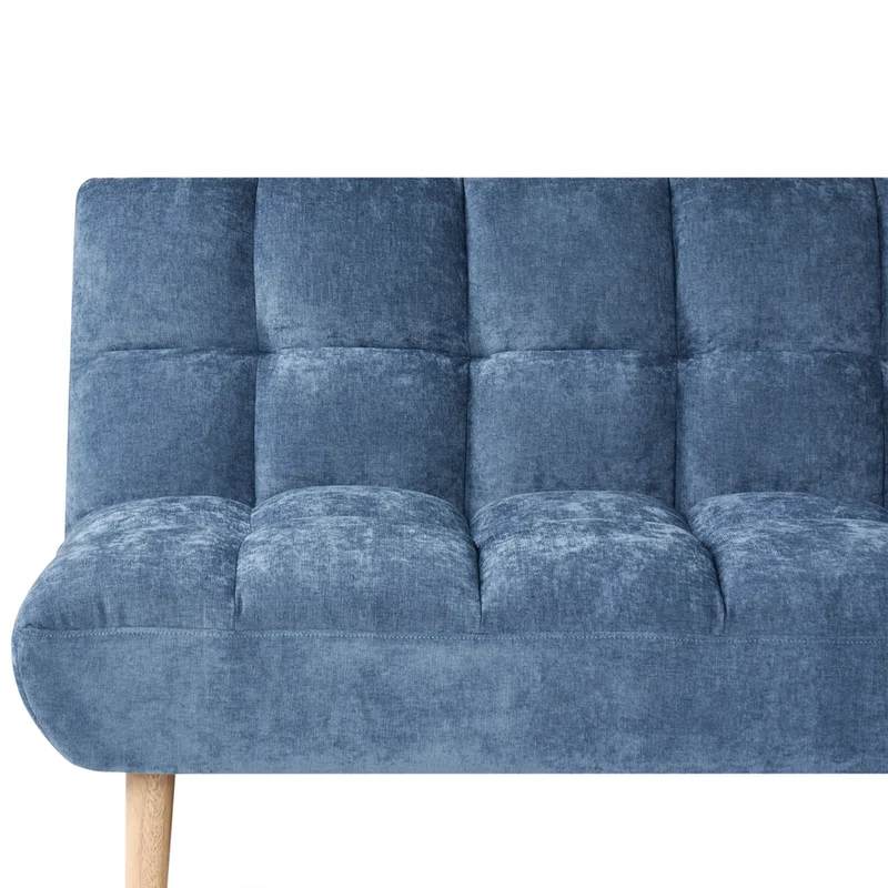 Divano letto blu rivestito in tessuto con gambe in legno 2 posti schienale trapuntato seduta imbottita design moderno senza braccioli