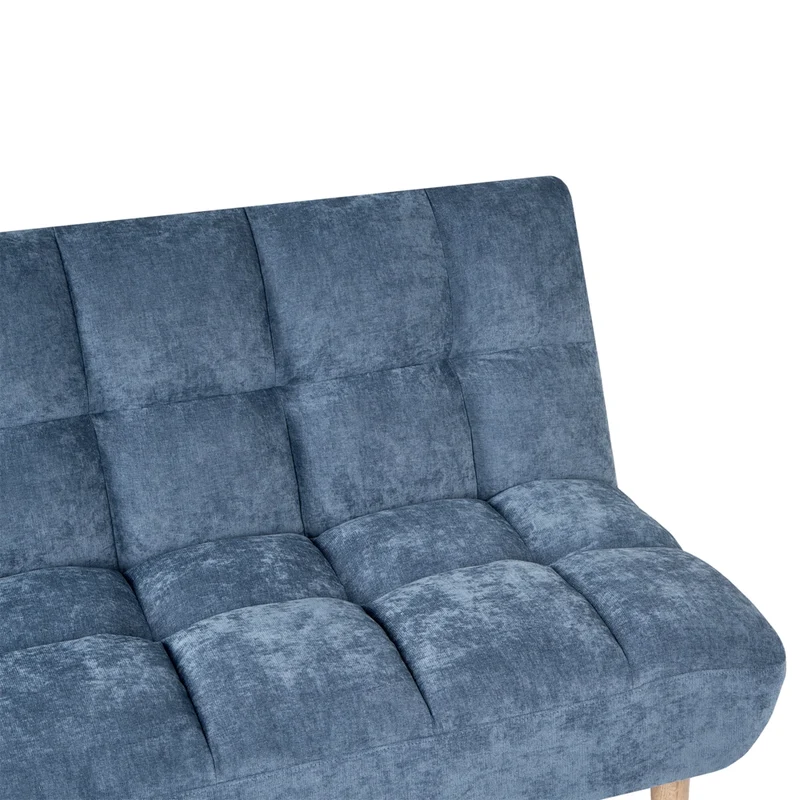 Divano letto blu rivestito in tessuto con gambe in legno 2 posti schienale trapuntato seduta imbottita design moderno senza braccioli