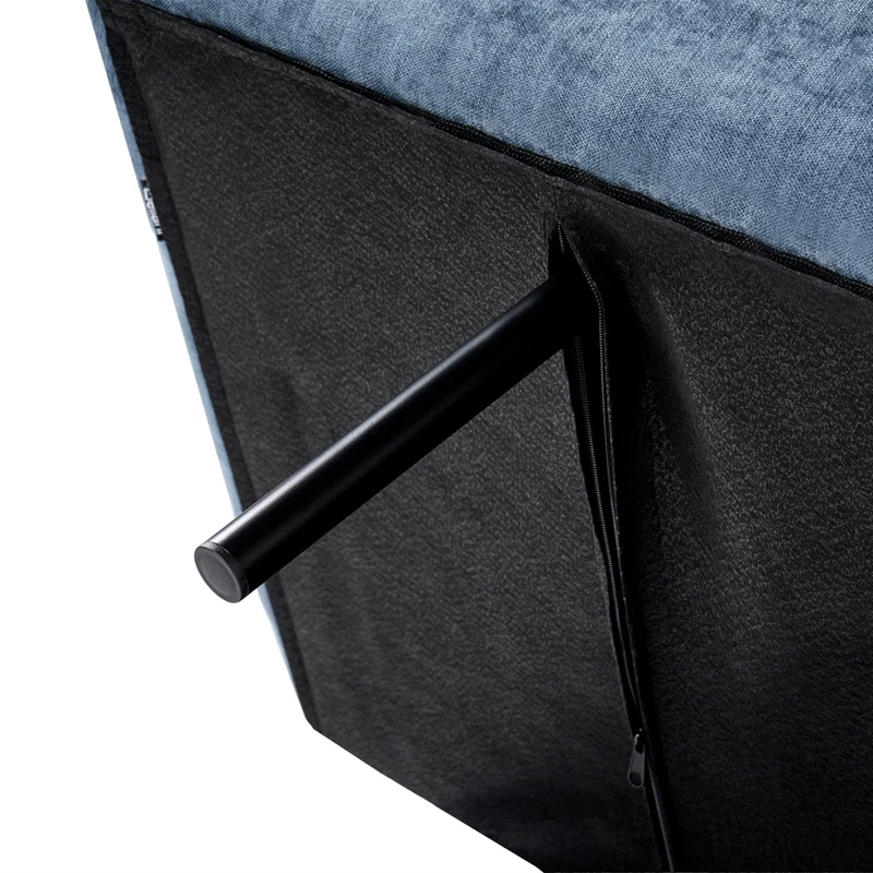 Divano letto blu rivestito in tessuto con gambe in legno 2 posti schienale trapuntato seduta imbottita design moderno senza braccioli