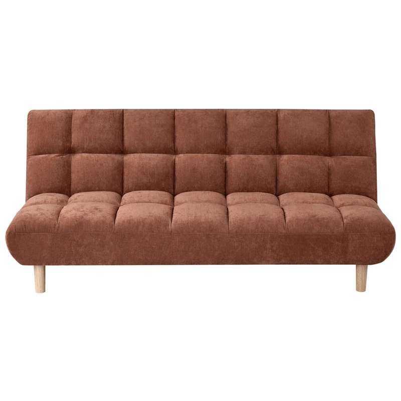 Divano letto marrone dorato rivestito in tessuto con gambe in legno 2 posti schienale trapuntato seduta imbottita design moderno senza braccioli