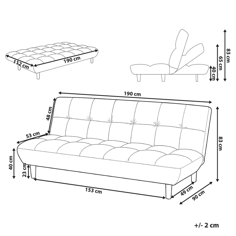 Divano letto marrone dorato rivestito in tessuto con gambe in legno 2 posti schienale trapuntato seduta imbottita design moderno senza braccioli