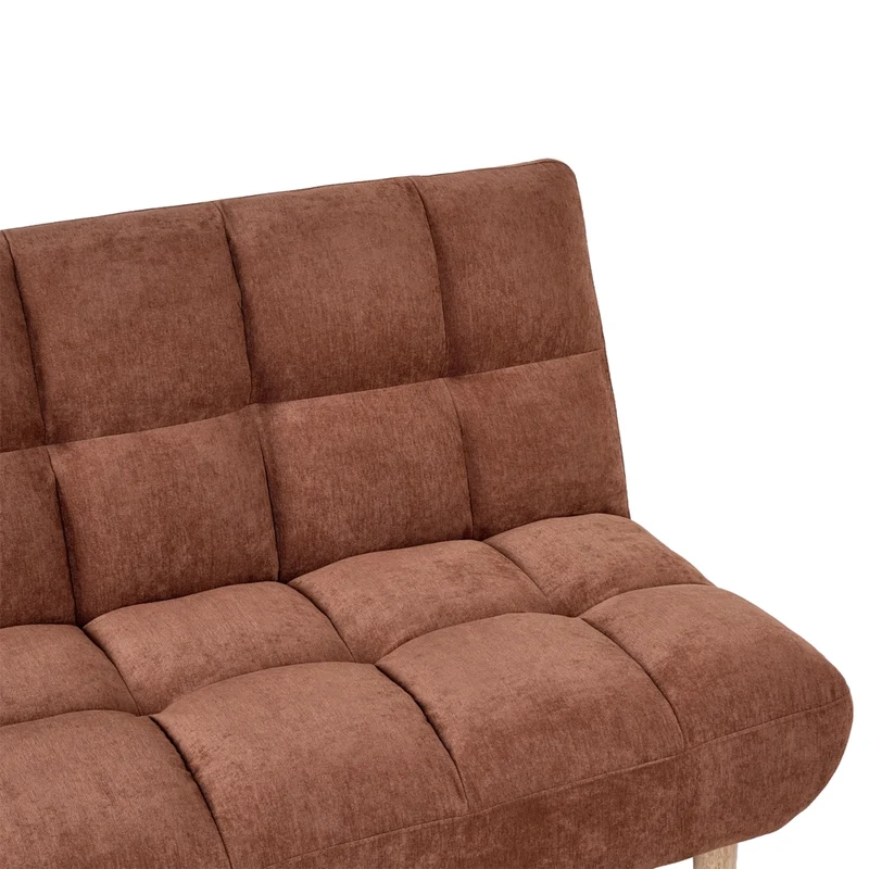 Divano letto marrone dorato rivestito in tessuto con gambe in legno 2 posti schienale trapuntato seduta imbottita design moderno senza braccioli