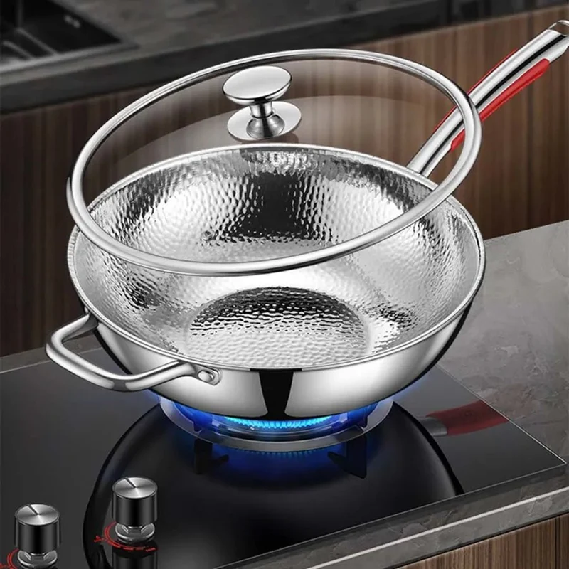 RVS Wokpan 30 cm – 3-Laags Wok met Deksel en Gehamerd Kookoppervlak