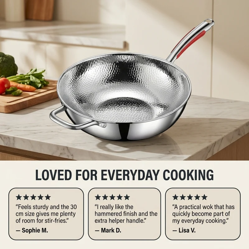 RVS Wokpan 30 cm – 3-Laags Wok met Deksel en Gehamerd Kookoppervlak