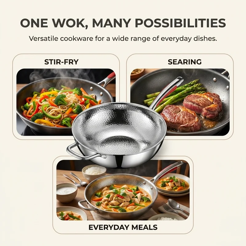 RVS Wokpan 30 cm – 3-Laags Wok met Deksel en Gehamerd Kookoppervlak