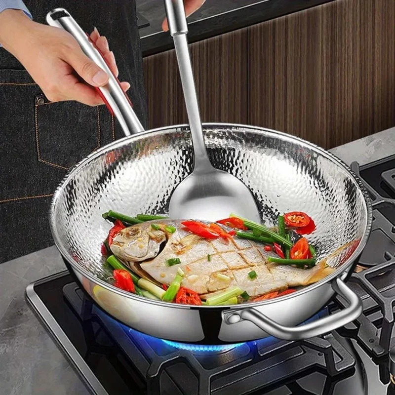 RVS Wokpan 30 cm – 3-Laags Wok met Deksel en Gehamerd Kookoppervlak