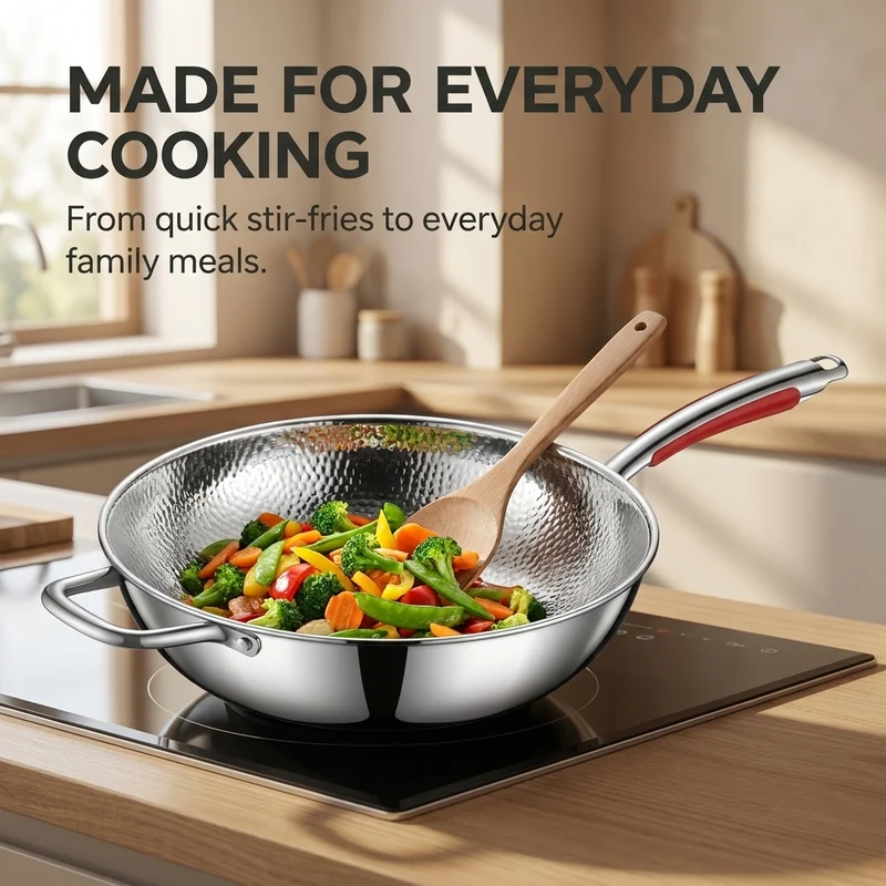 RVS Wokpan 30 cm – 3-Laags Wok met Deksel en Gehamerd Kookoppervlak