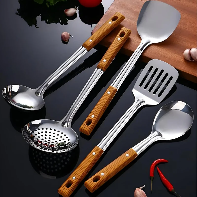 Keukengerei set – 5-delige RVS kookset met houten handgrepen