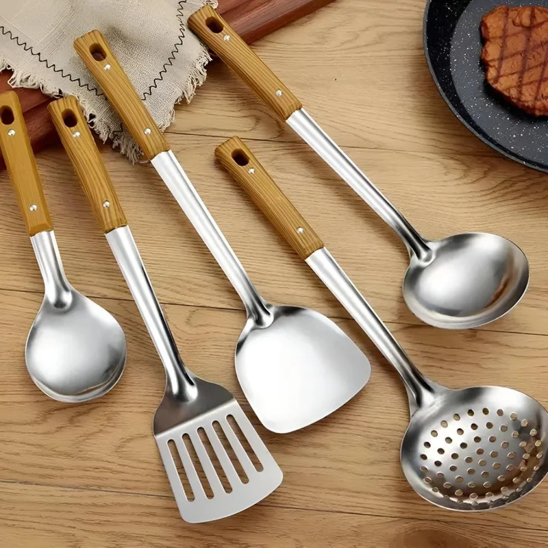 Keukengerei set – 5-delige RVS kookset met houten handgrepen