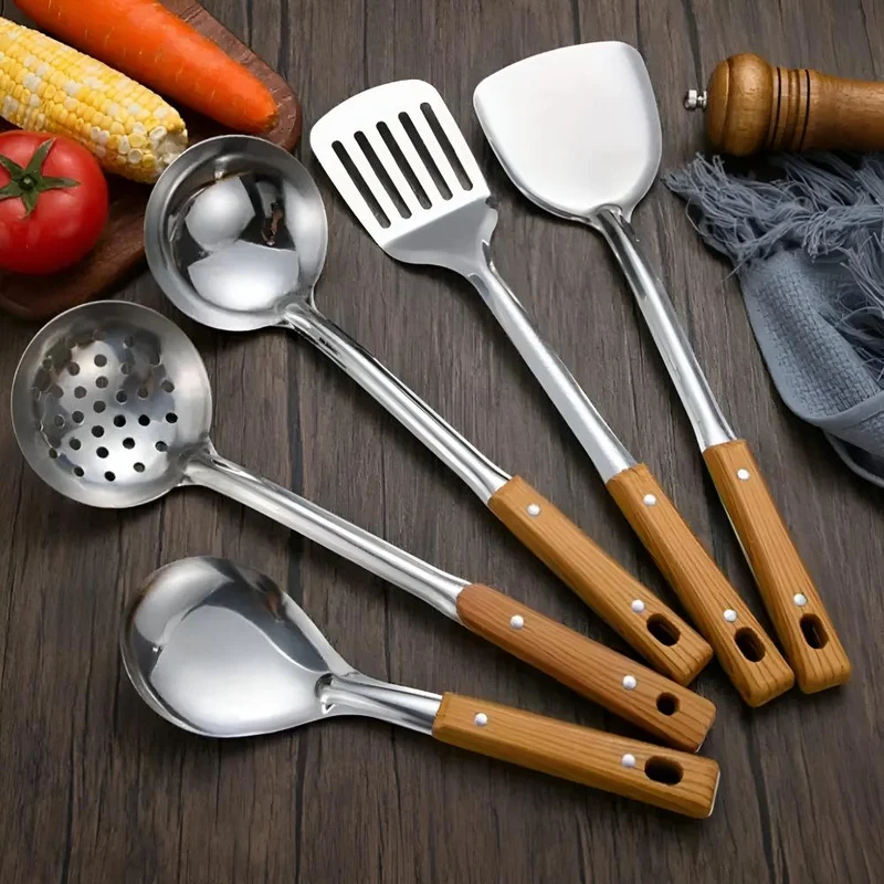 Keukengerei set – 5-delige RVS kookset met houten handgrepen