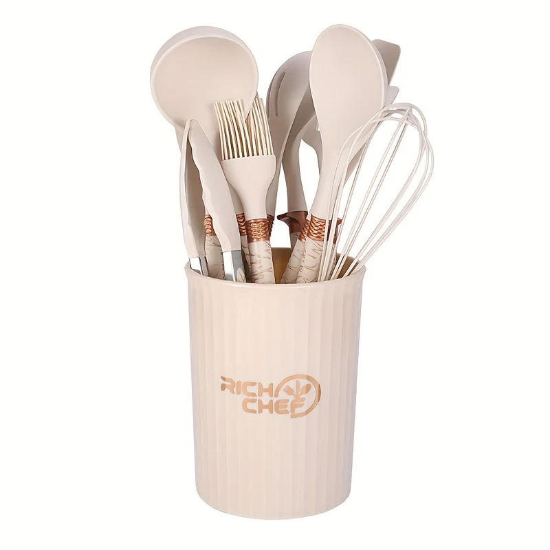 Keukengerei set – Siliconen kookgerei met houten handgrepen en houder