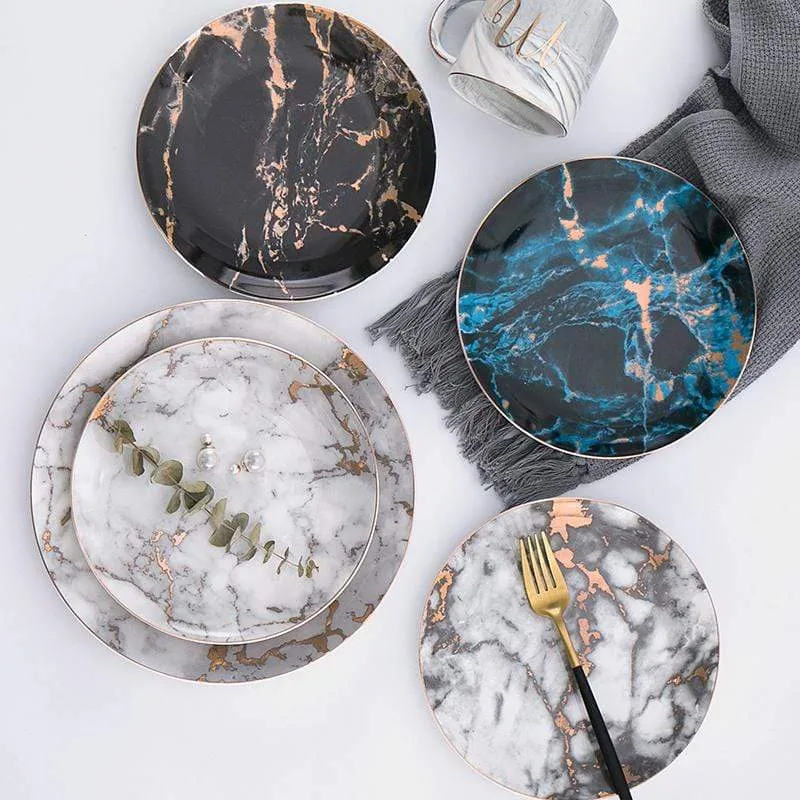 Borden – Porseleinen dinerborden met marmerlook en decoratieve gouden rand