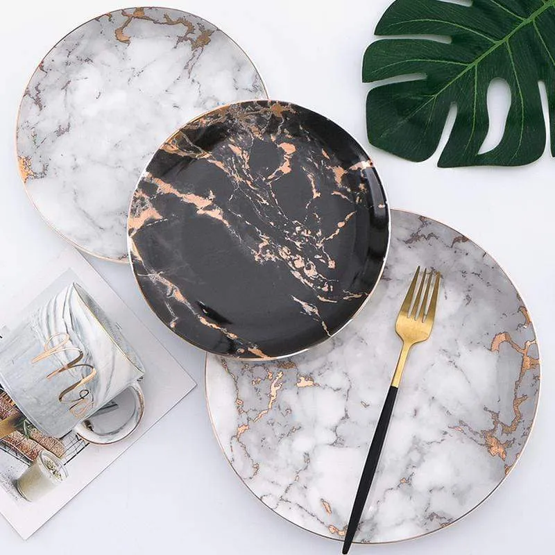 Borden – Porseleinen dinerborden met marmerlook en decoratieve gouden rand