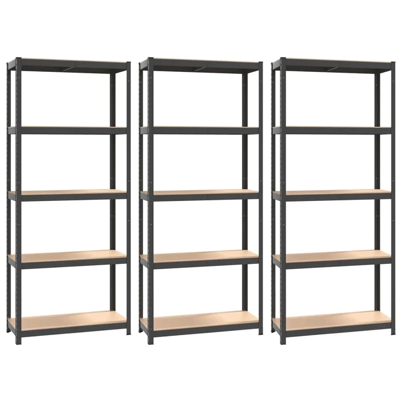 Set 3 Mensole Organizer 5 Strati Antracite Telaio in Acciaio e Legno Multistrato