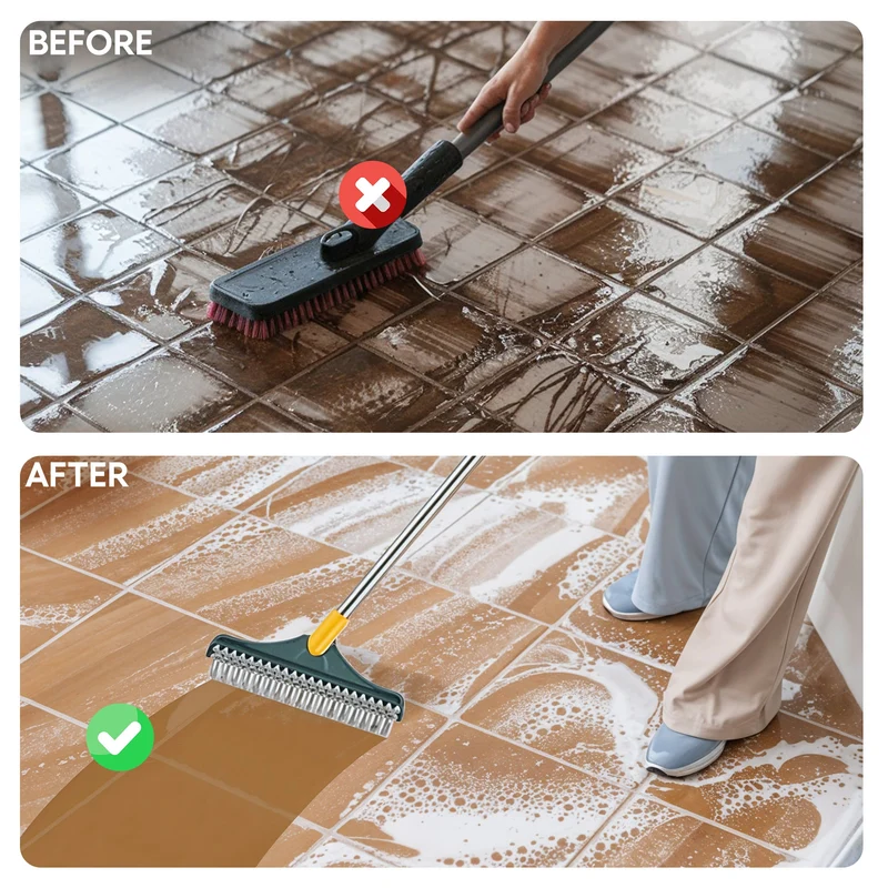 Floor Scrubbing Brush with Rotating Head and Scraper