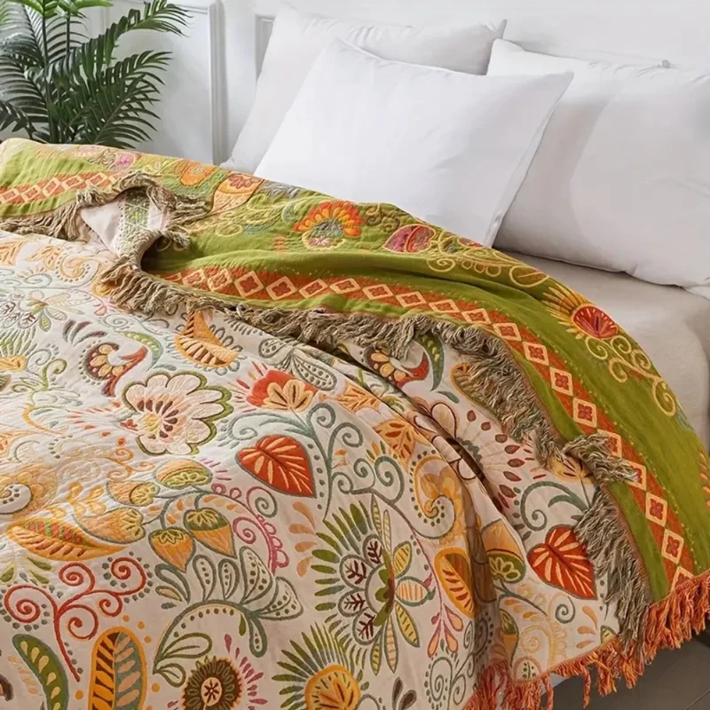 Boho double-sided fringed blanket Cozy cover for sofa and bed