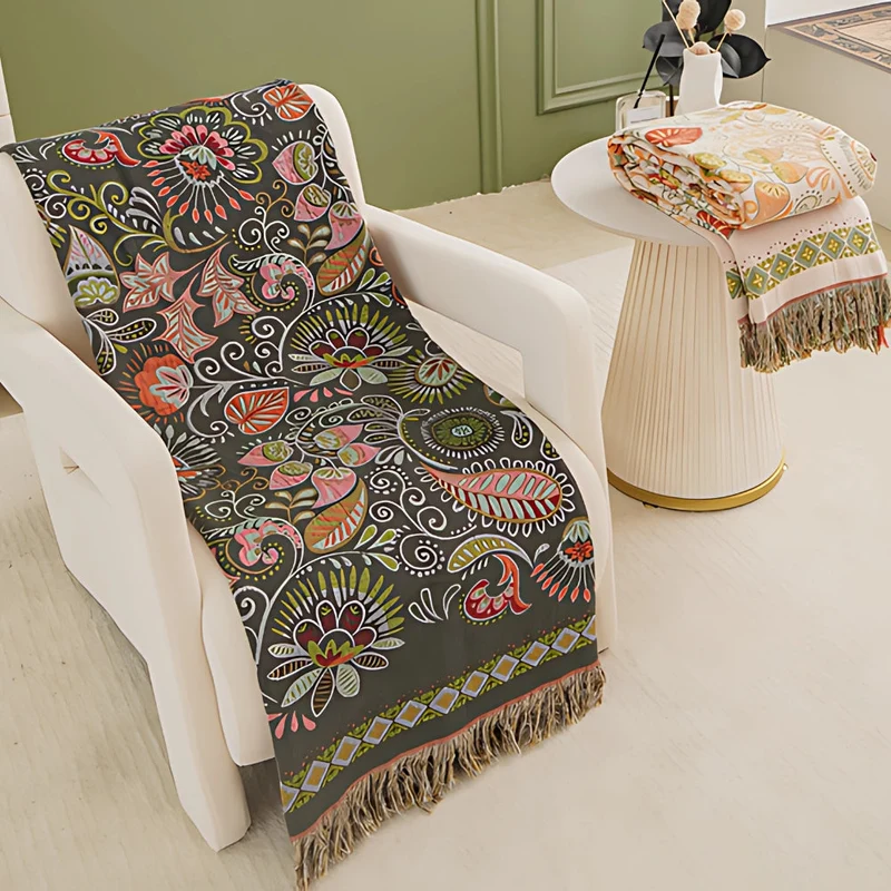Boho double-sided fringed blanket Cozy cover for sofa and bed