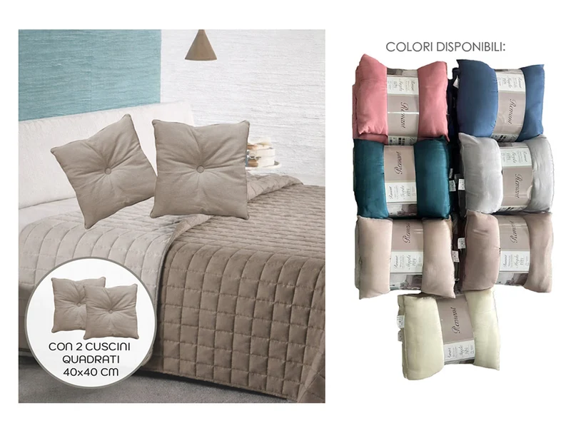 Trapunta matrimoniale 240x240cmdoppia faccia con cuscino quadrato in 14 colori assortiti