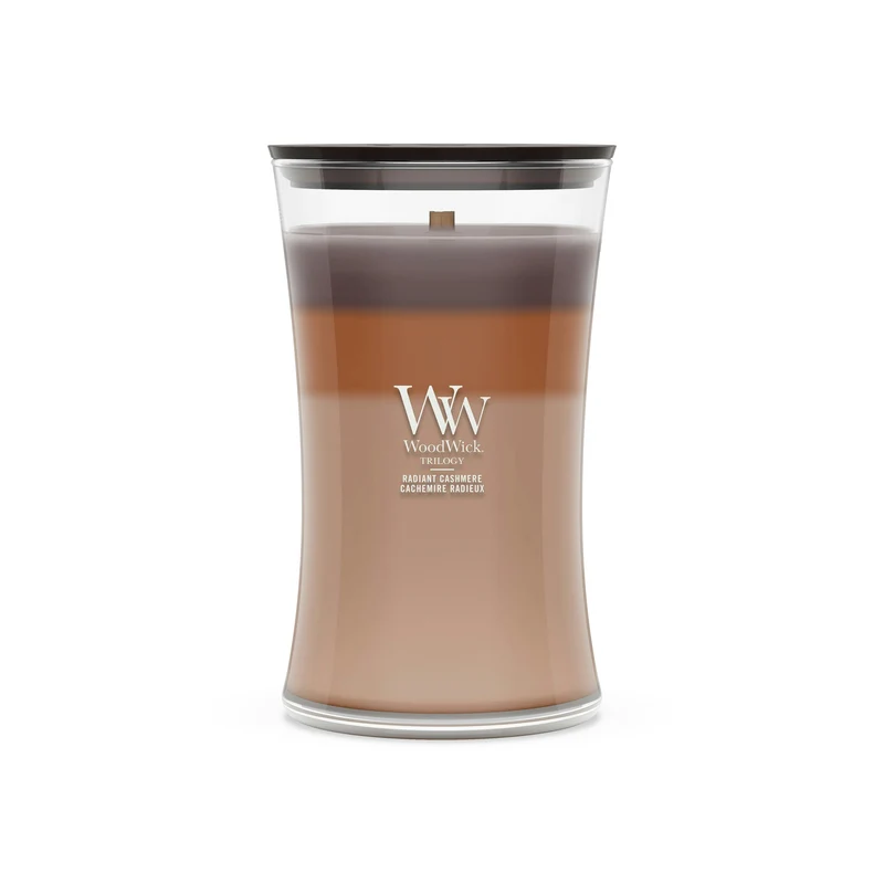 Candela Radiant Cashmere a clessidra grande Trilogy 609g sfumature naturali WoodWick