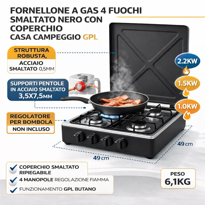 Fornellone a Gas 4 Fuochi Smaltato Nero con Coperchio Casa Campeggio 50x50cm