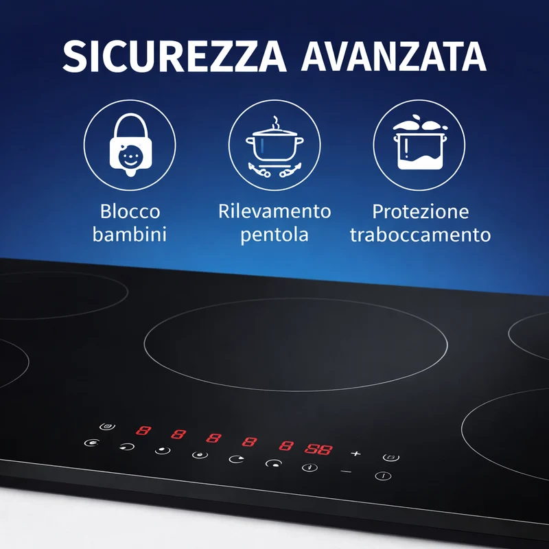 Piano Cottura Induzione 77cm 5 Fuochi Vetro Nero Touch 9 Livelli Power Boost