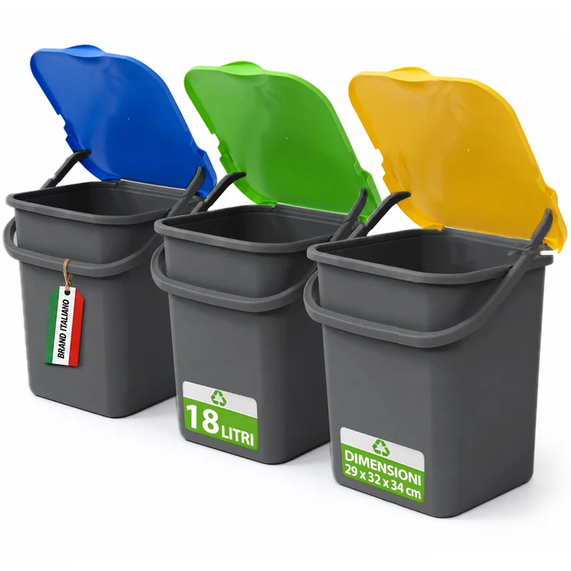 Set 3 Pattumiere Premi' 18L con Apertura Push Raccolta Differenziata 32×29×34 cm